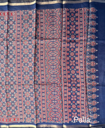 Navy Blue Ajrakh Print Cotton Blend Saree