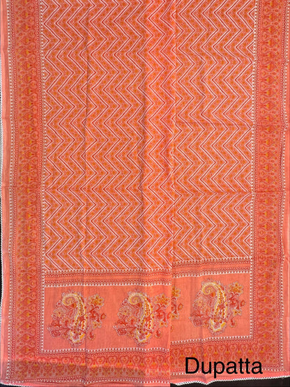 Peach Angrakha Printed Cotton 3-Piece Suit