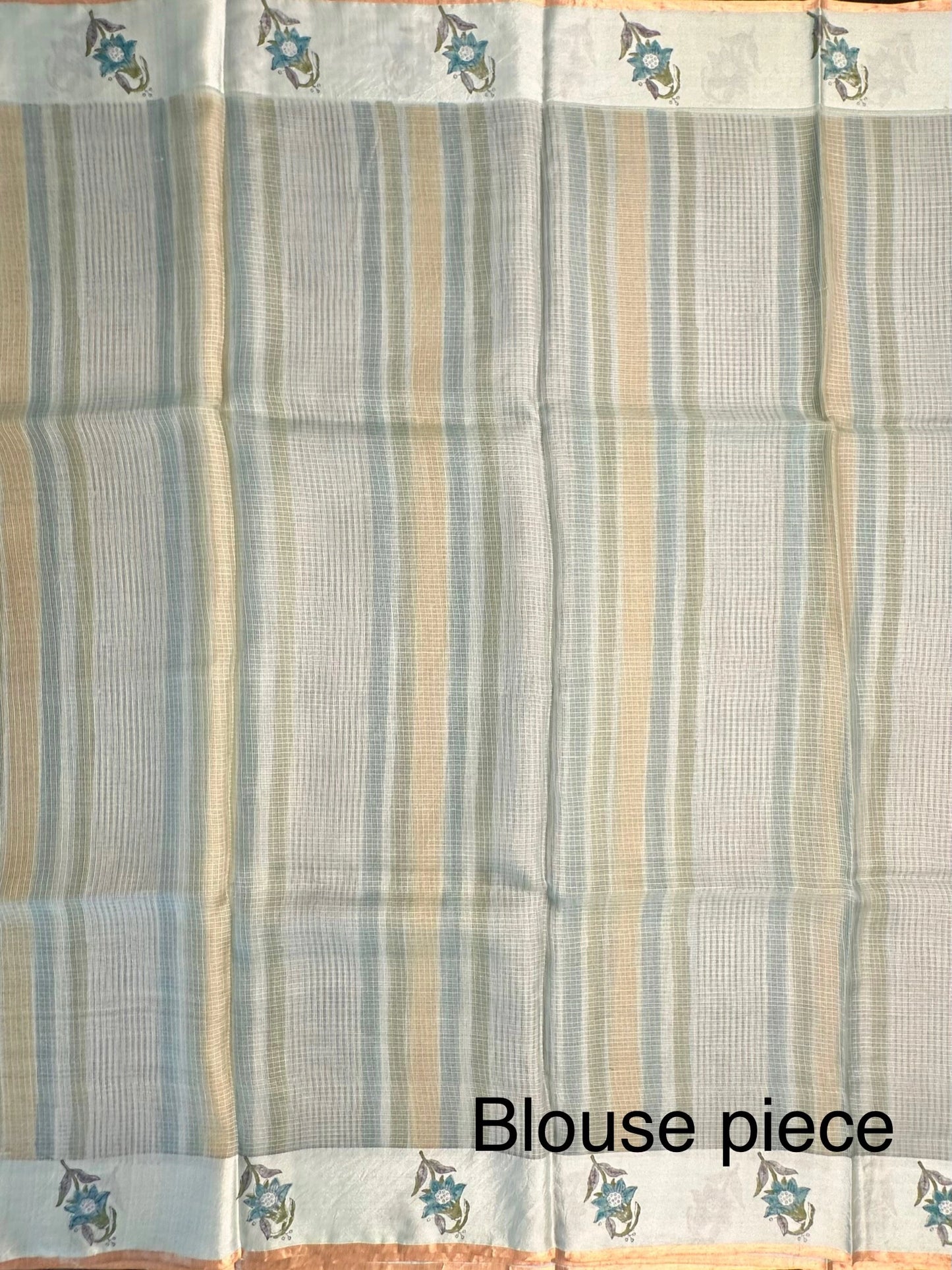 Sea Green-Multi Colour Hand Block-Print Pure Kota Doria Silk Saree