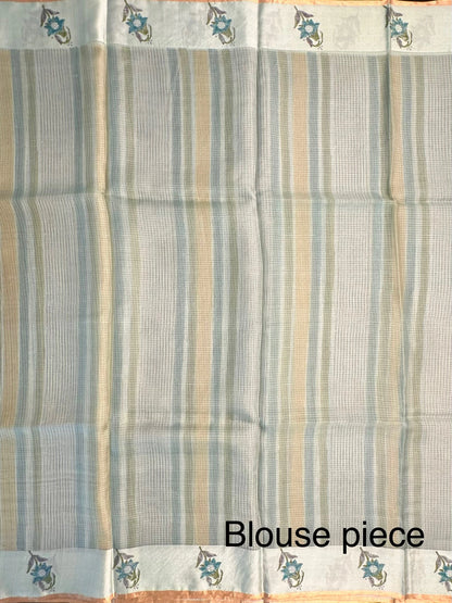 Sea Green-Multi Colour Hand Block-Print Pure Kota Doria Silk Saree