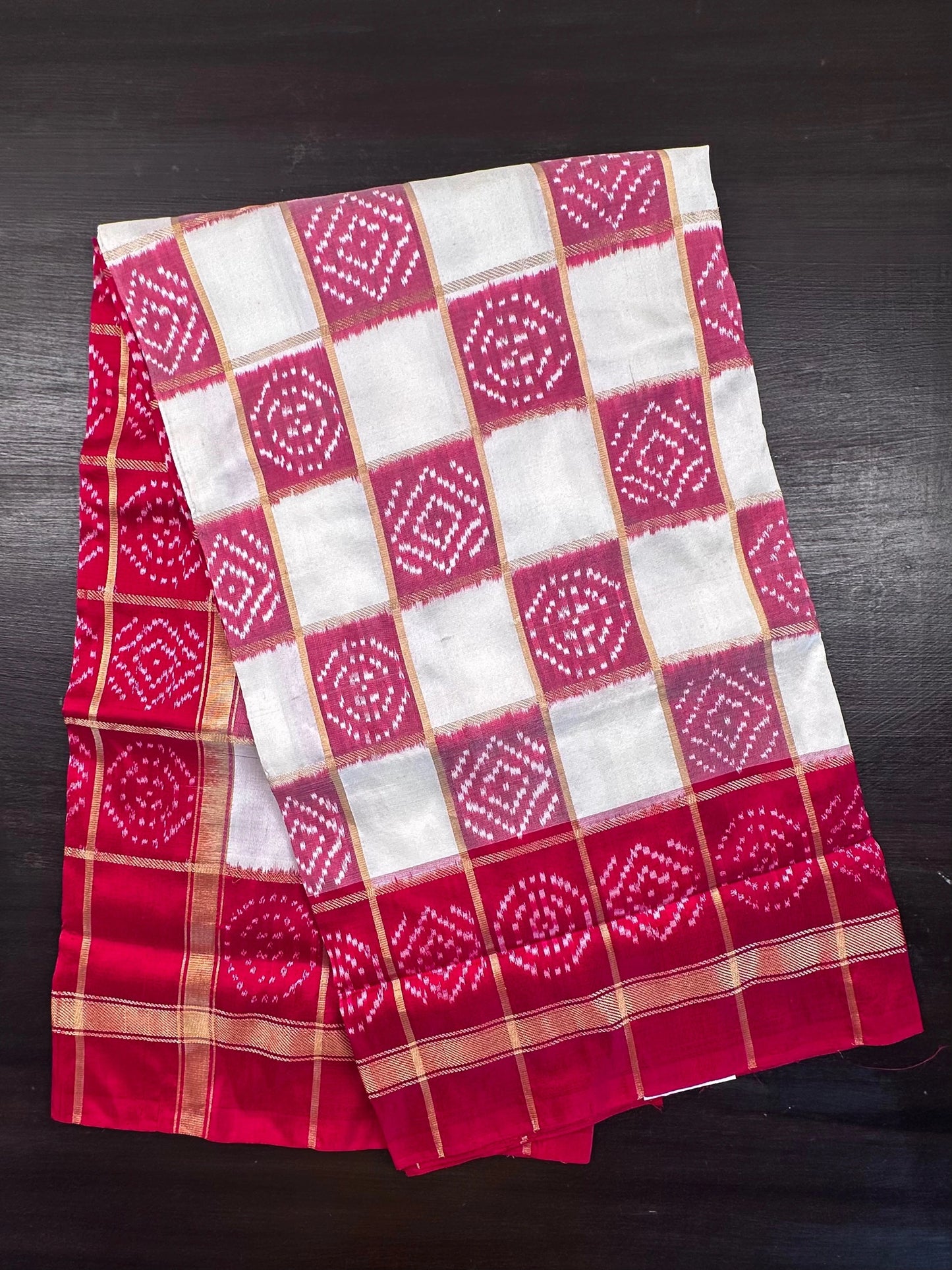 Off White-Red Patola Pure Silk Saree