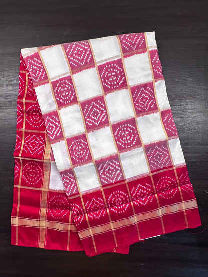Off White-Red Patola Pure Silk Saree