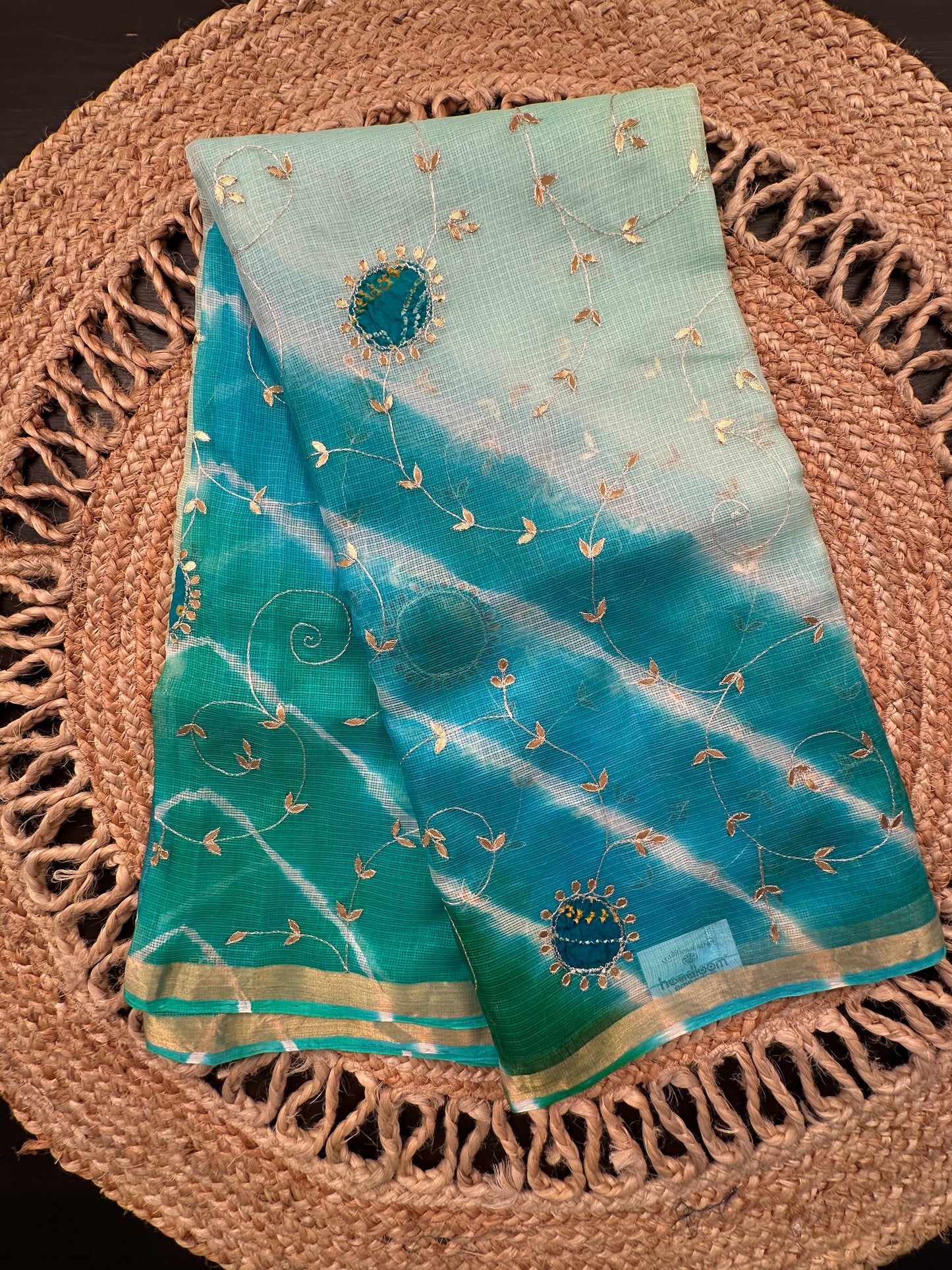 Firozi -Green Kota Doria Pure Silk Saree With Gota Patti Work