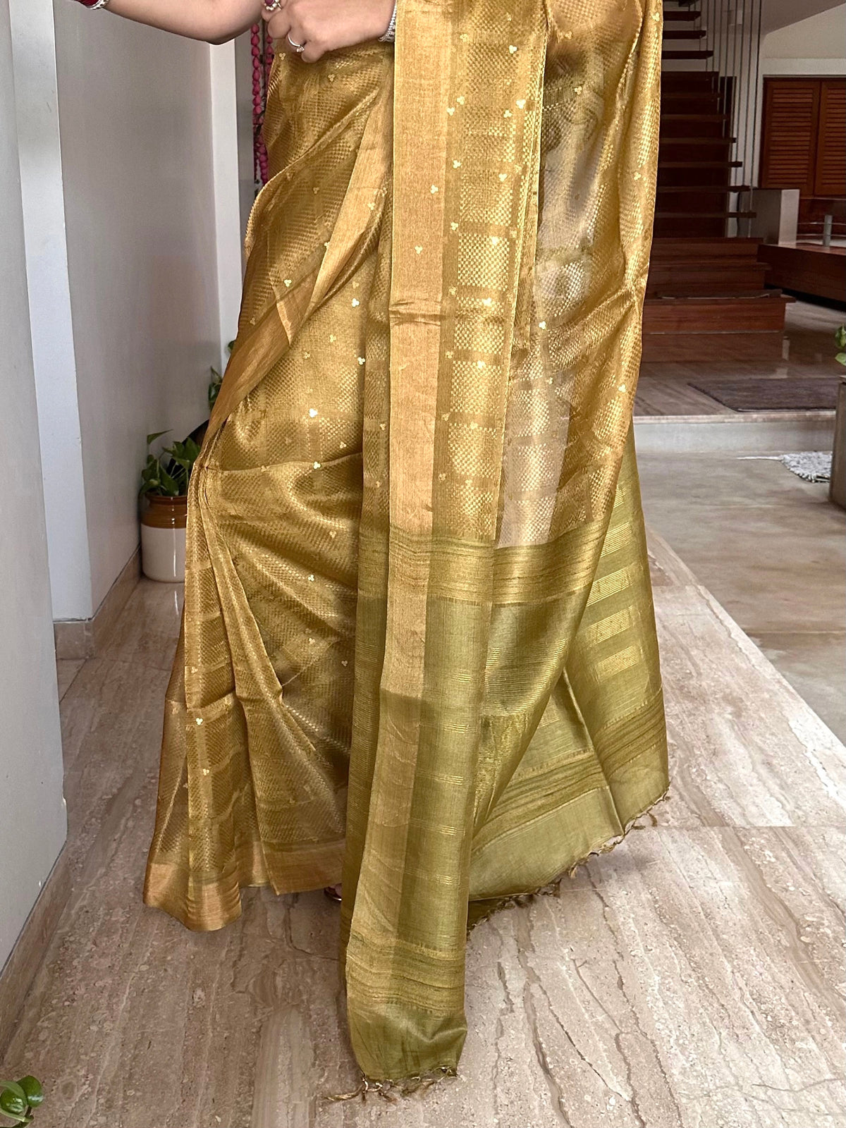 Mehndi Green Emboss Pure Tissue Silk Saree