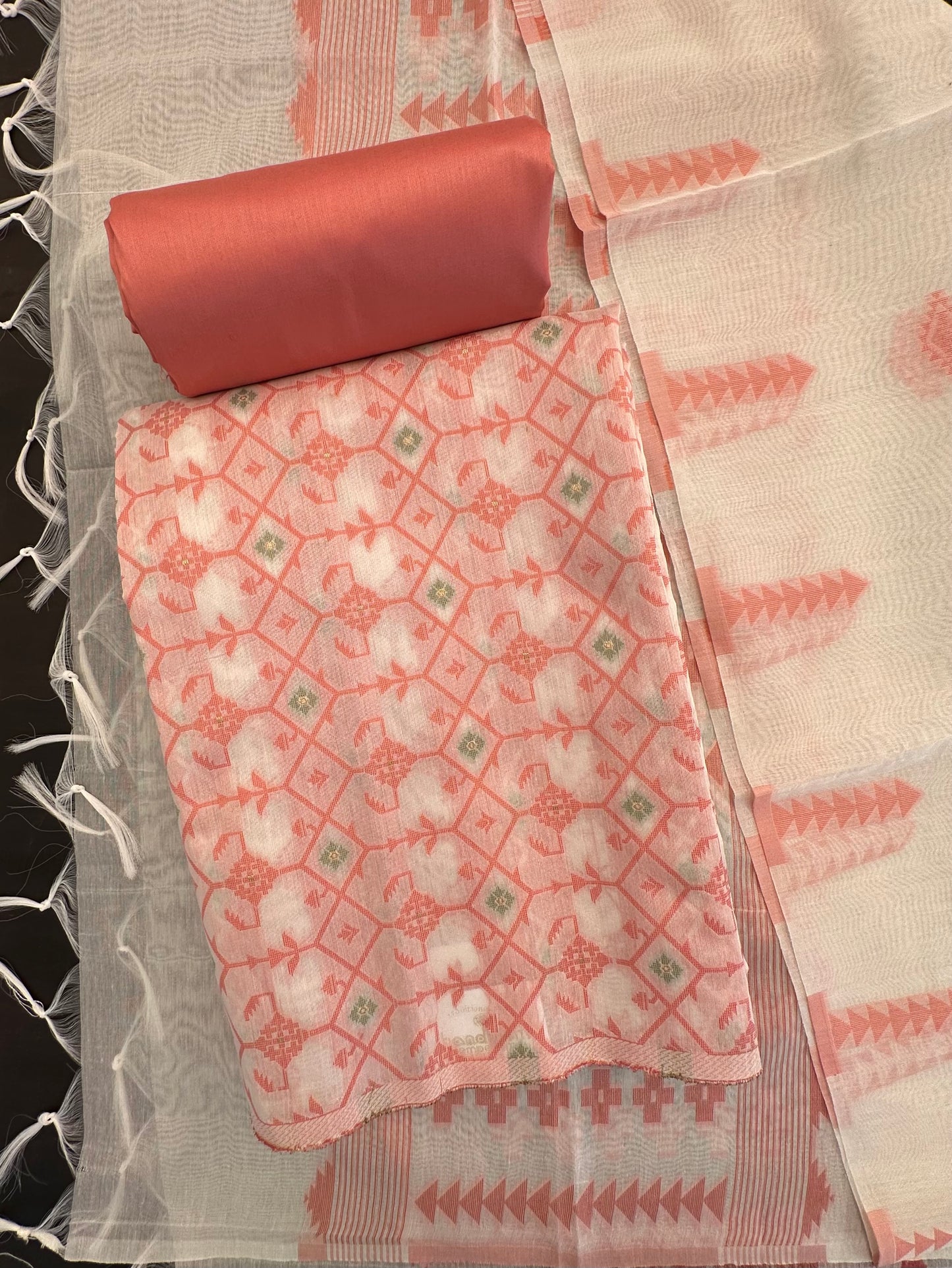 Peach Jacquard Unstitched Cotton Suit