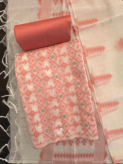 Peach Jacquard Unstitched Cotton Suit