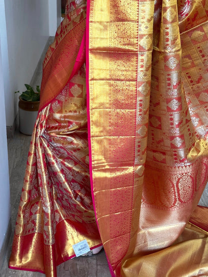 Golden-Rani Handloom Jamawar Pure Tissue Silk Saree