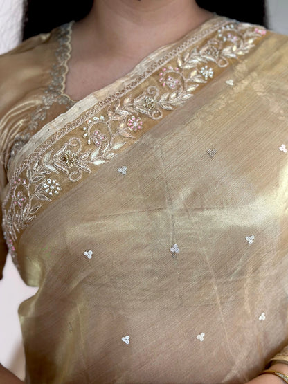 Golden Tissue Silk Saree With Zardozi Work