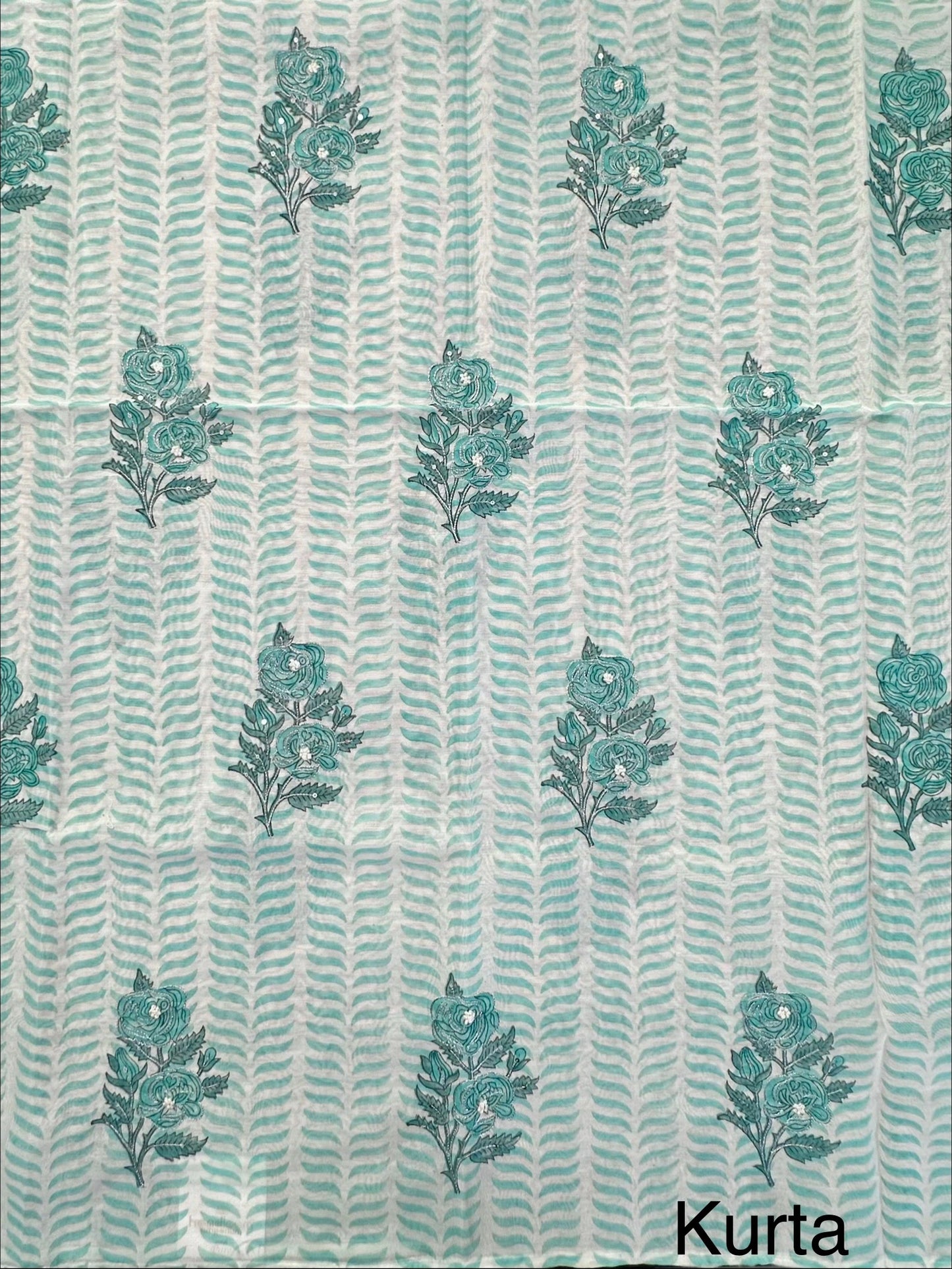 Off White-Sea Green Hand Block Printed Chanderi 3-Piece Unstitched Suit with Aari Work