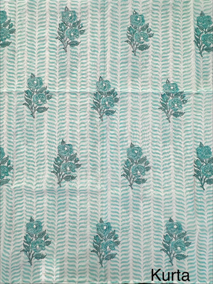 Off White-Sea Green Hand Block Printed Chanderi 3-Piece Unstitched Suit with Aari Work