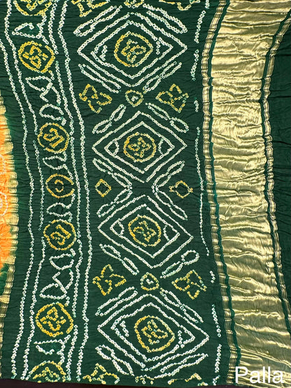 Mustard-Bottle Green Gharchola Bandhej Gajji Silk Saree