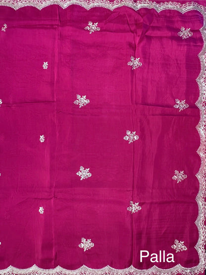 Deep Magenta Artificial Crepe Saree With Hand Work