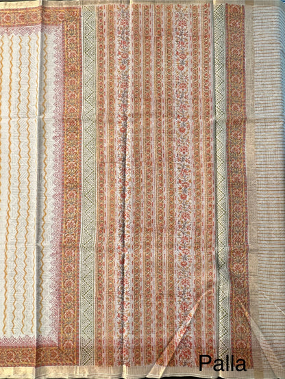 Off White- Black Block Printed Kota Doria Cotton Saree
