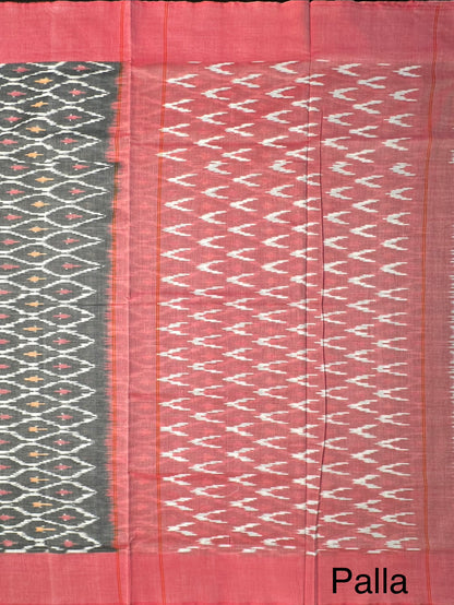 Grey-Coral Red Ikkat Cotton Saree