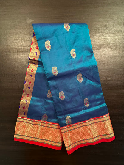 Peacock Blue-Red Paithini Silk Saree