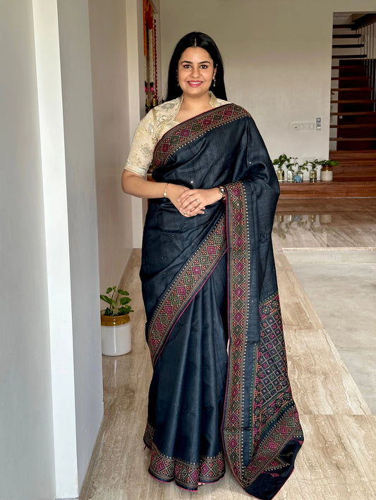 Black Pure Tussar Silk Saree With Embroidery