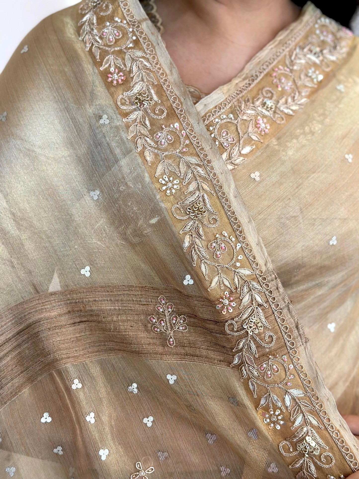 Golden Tissue Silk Saree With Zardozi Work