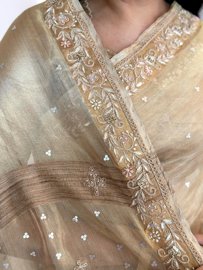Golden Tissue Silk Saree With Zardozi Work