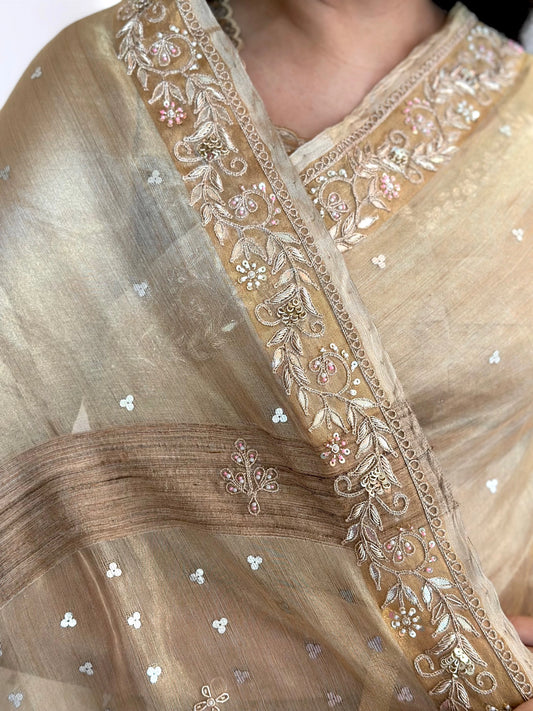 Golden Tissue Silk Saree With Zardozi Work