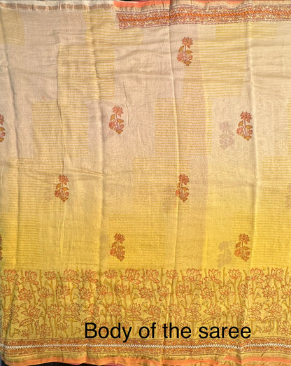 Yellow-Red Block Print Chanderi Saree With Kaantha Stitch