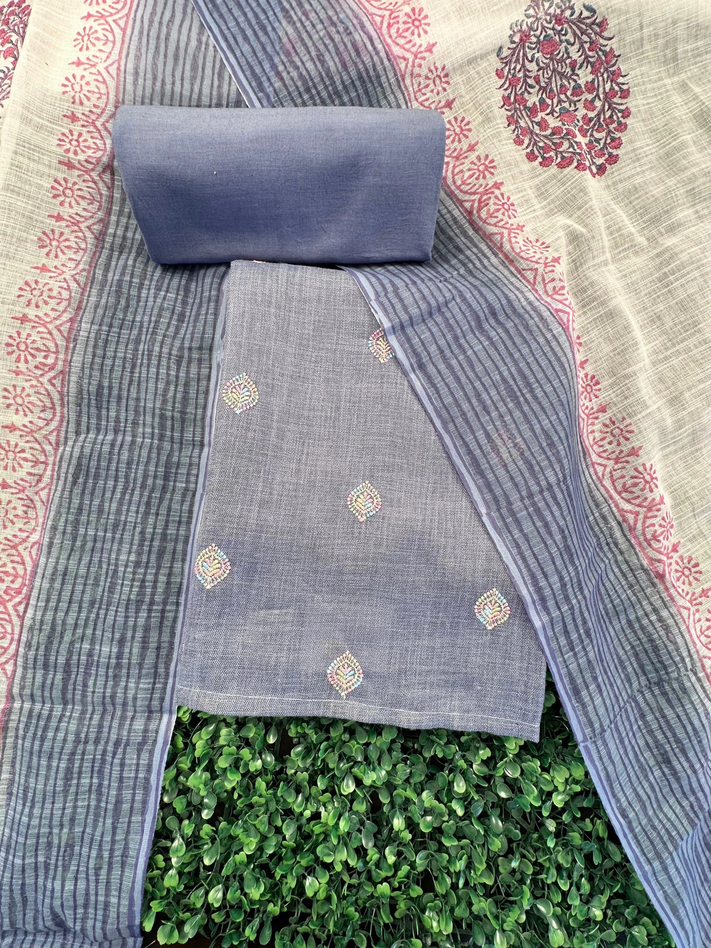 Blue Jute Cotton 3-Piece Suit