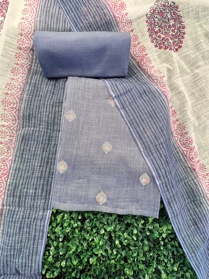 Blue Jute Cotton 3-Piece Suit