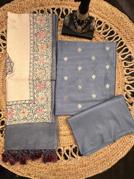 Grey Chanderi 3-Piece Unstitched Suit with Madhubani Dupatta