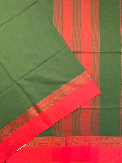 Green-Red Piku Bengal Cotton Saree