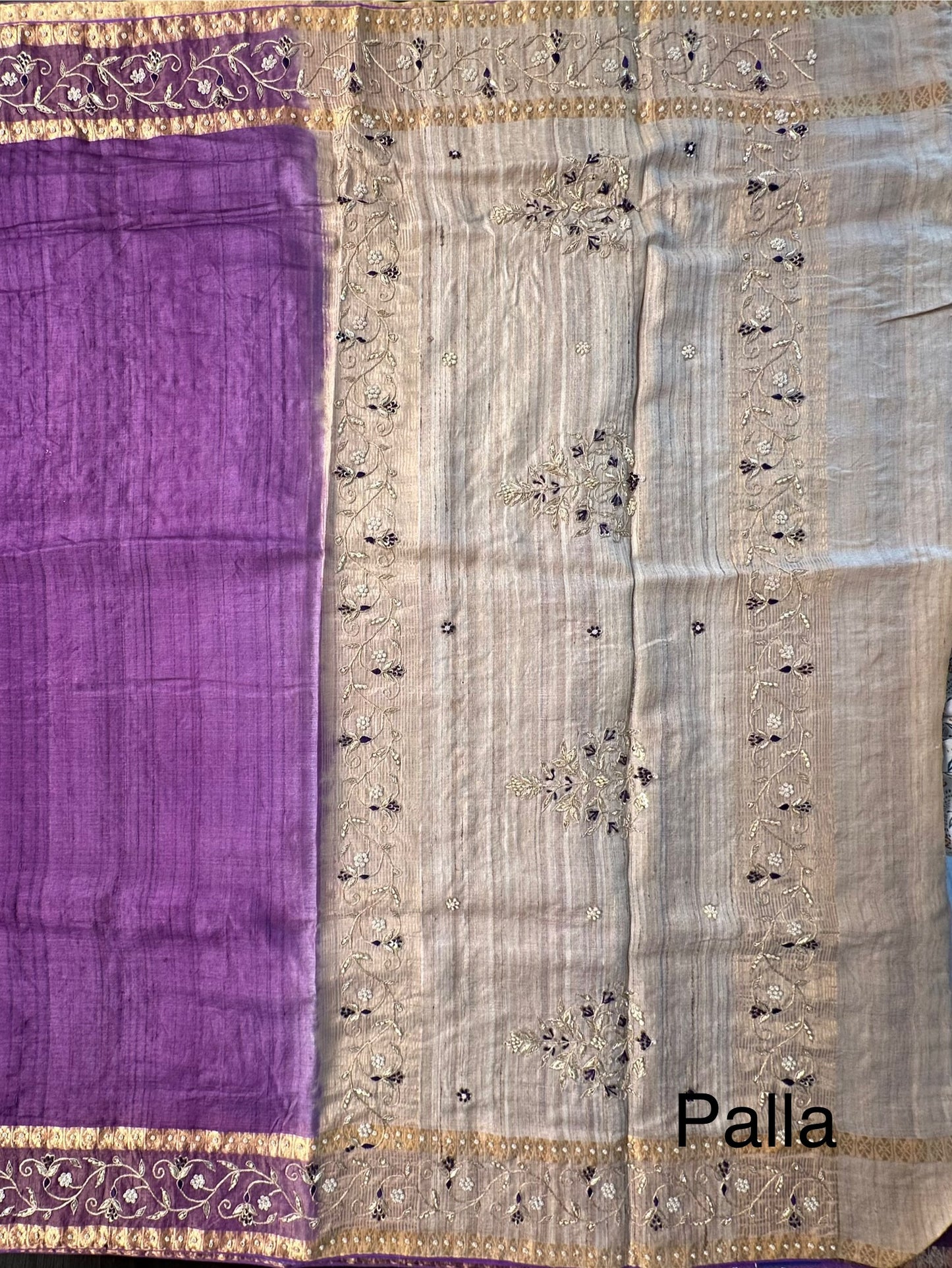 Purple Zardozi Work Pure Tussar Silk Saree