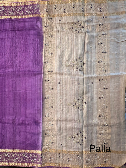 Purple Zardozi Work Pure Tussar Silk Saree