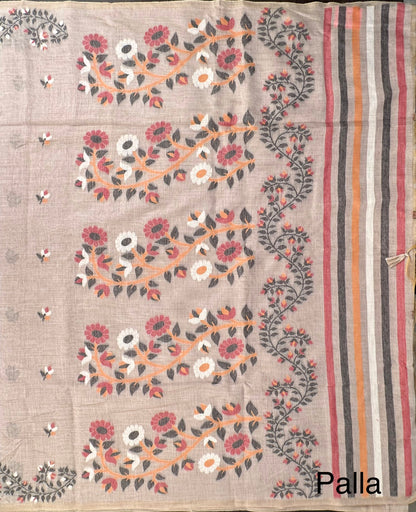 Grey Floral Blended Cotton Saree