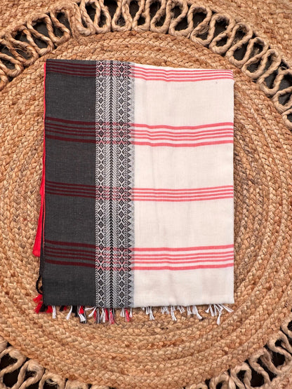 Off White-Red-Black Piku Bengal Cotton Saree