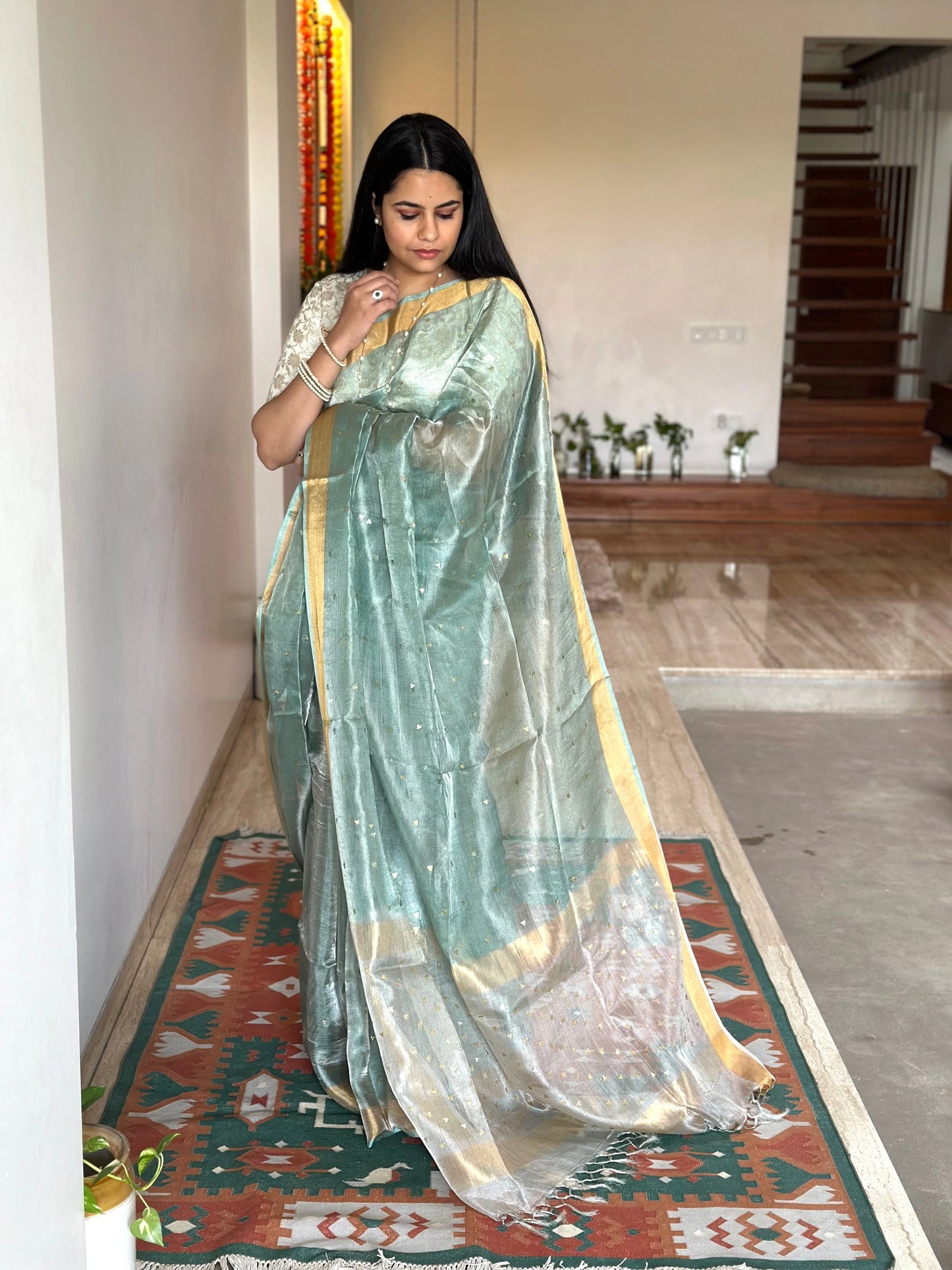 Sea Green -Silver Pure Tissue Silk Saree
