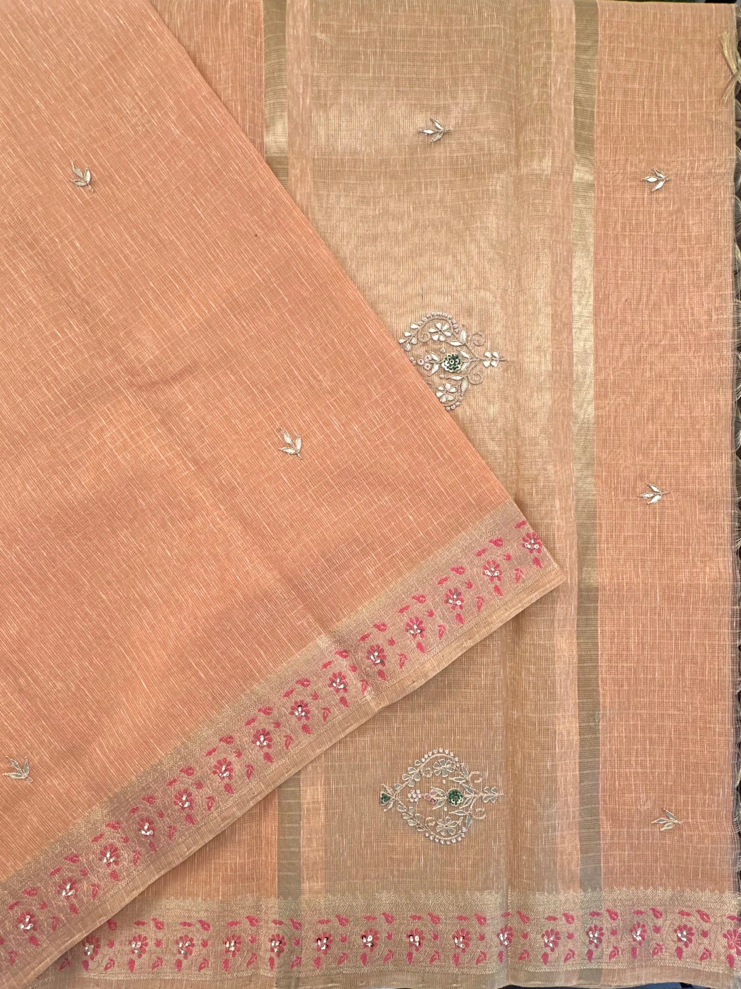 Peach Hand Work Fancy Tissue Saree