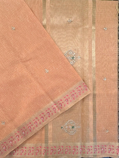 Peach Hand Work Fancy Tissue Saree