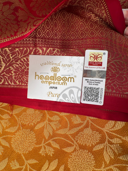 Mustard-Red Handloom Kanjivaram Jamawar Pure Silk Saree