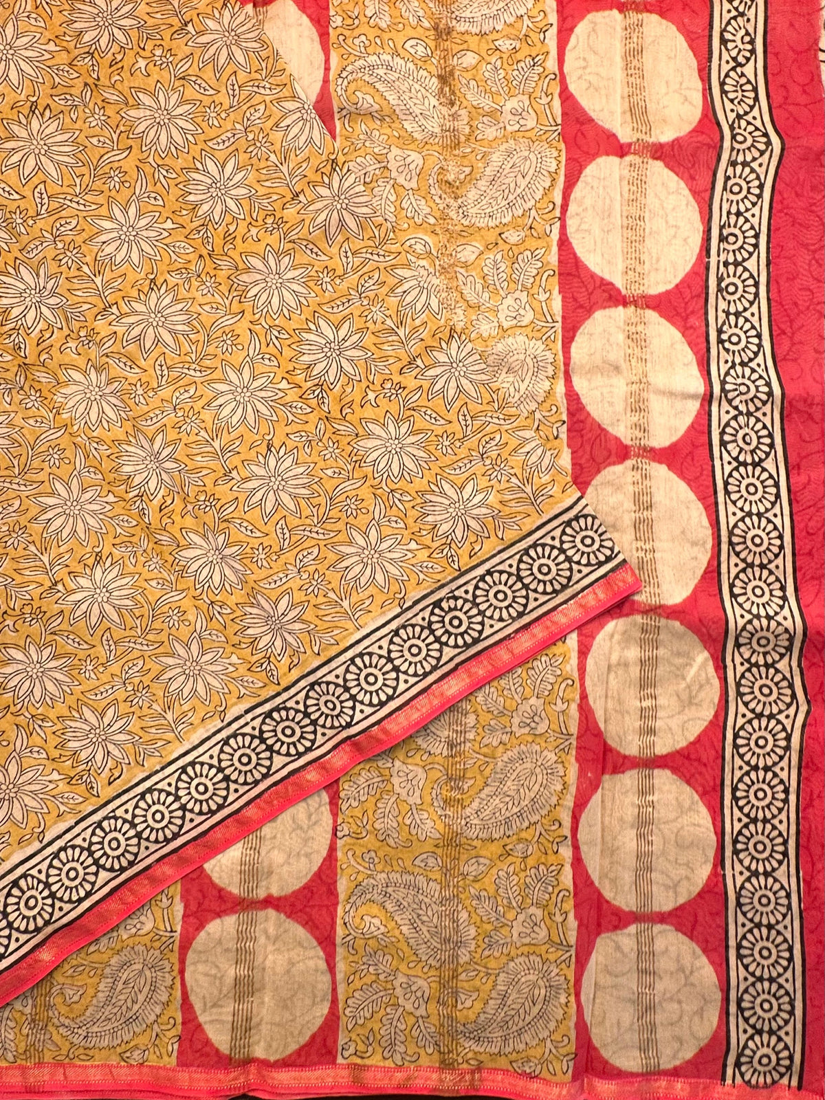 Mustard Chanderi Saree with Hand Block Print