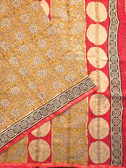 Mustard Chanderi Saree with Hand Block Print