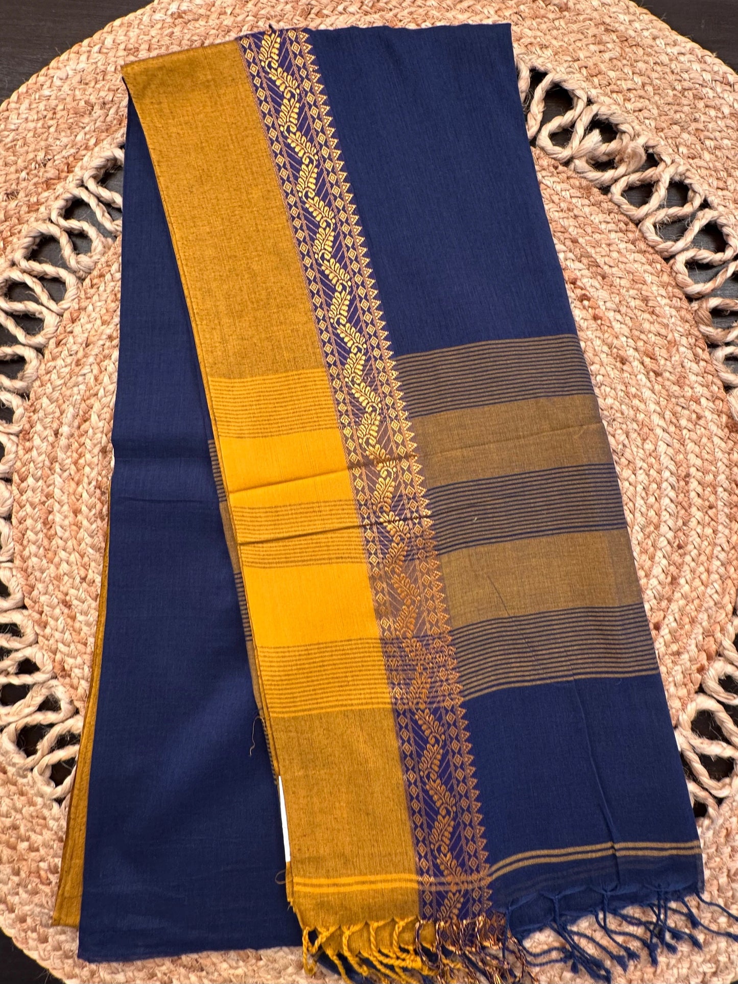 Navy Blue-Mustard Piku Bengal Cotton Saree