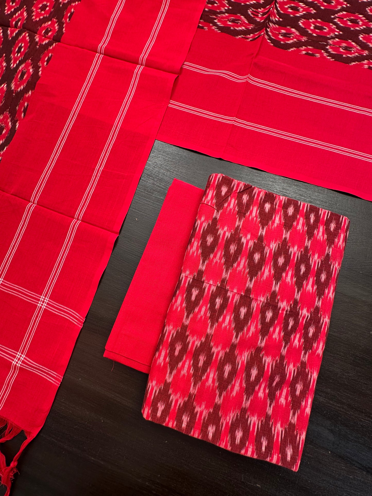 Red Ikkat Cotton Unstitched 3-Piece Suit
