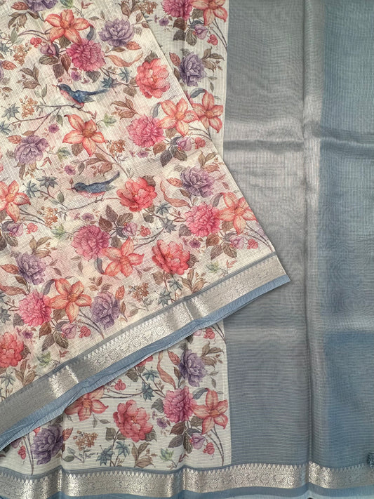 Off White-Grey Floral Kota Doria Saree
