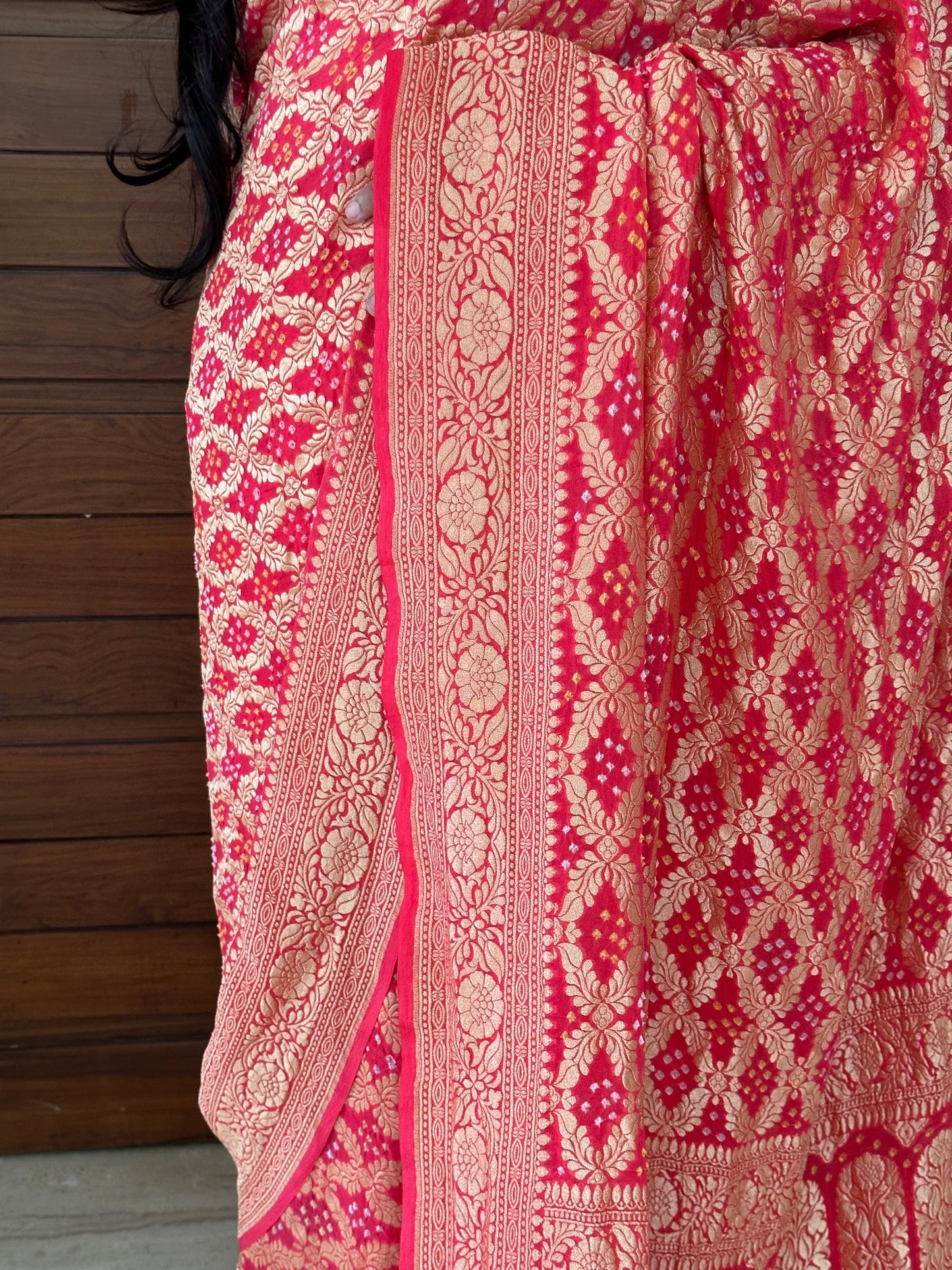 Coral Pink Gharchola Bandhej Pure Georgette Saree