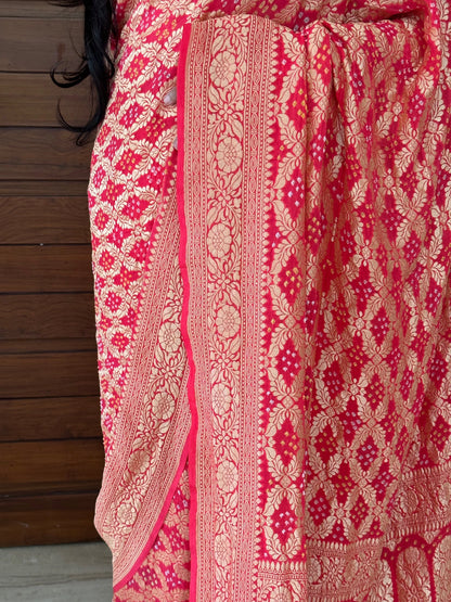 Coral Pink Gharchola Bandhej Pure Georgette Saree