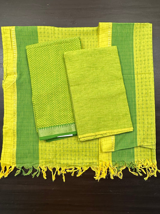 Parrot Green Handloom Emboss Cotton 3-Piece Suit