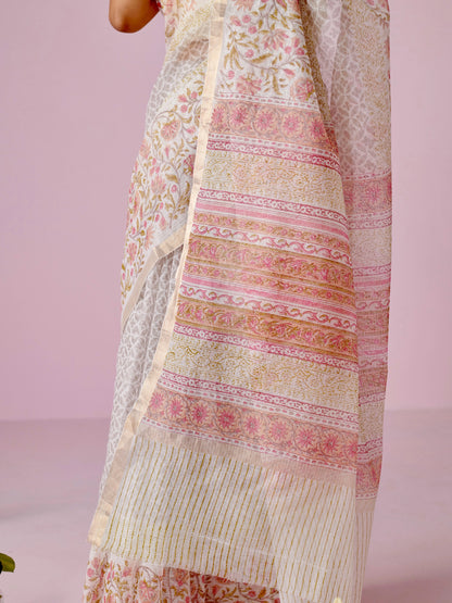 Off White - Grey Block Printed Kota Doria