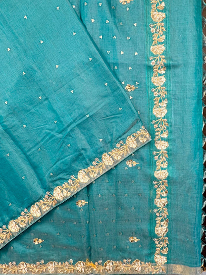Firozi Tussar-Tissue Silk Saree with Hand Work