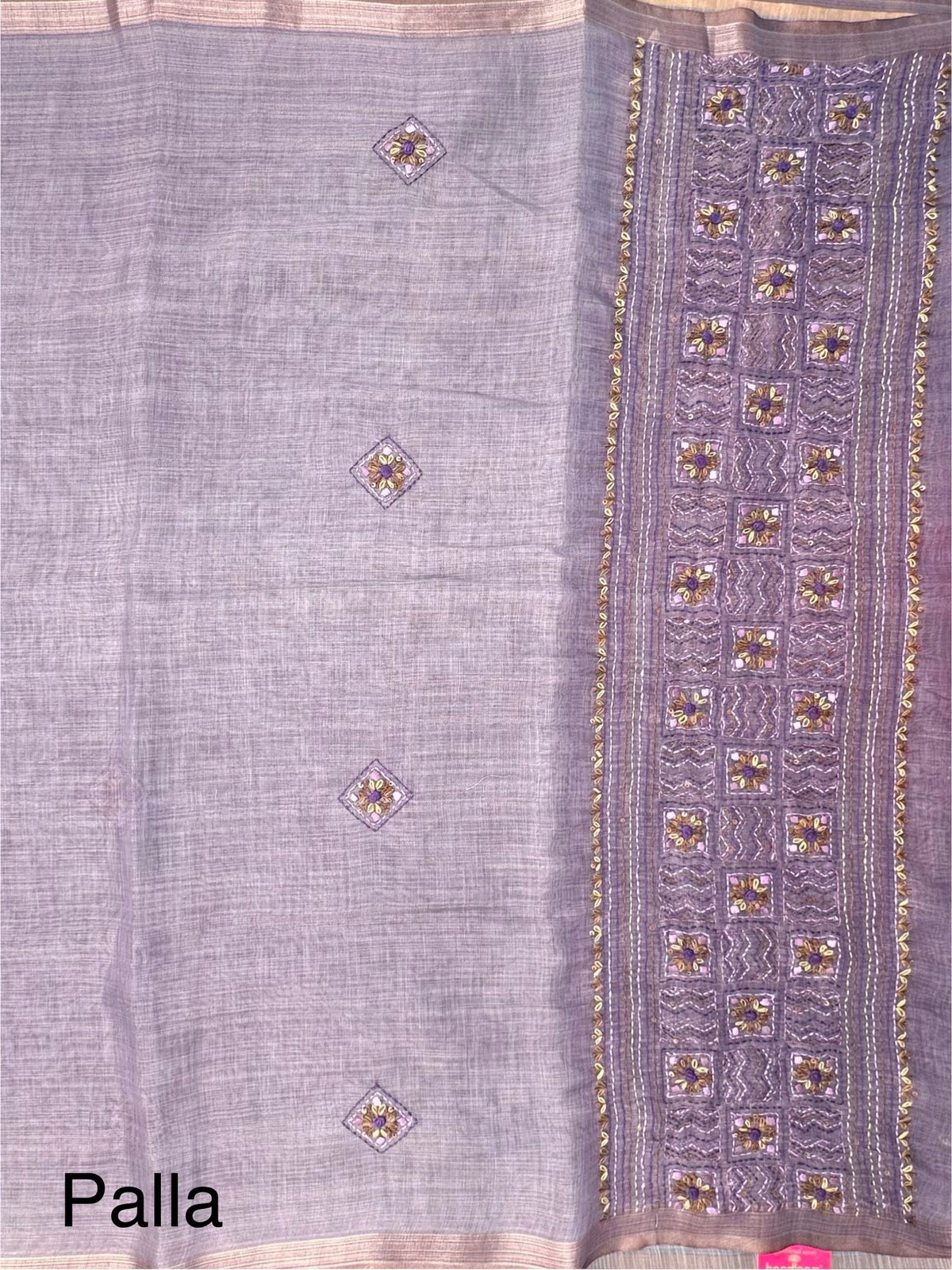 Purple Blended Cotton Saree with Hand Embroidery