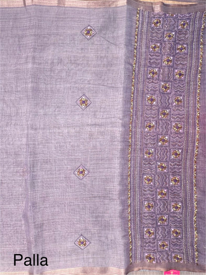 Purple Blended Cotton Saree with Hand Embroidery