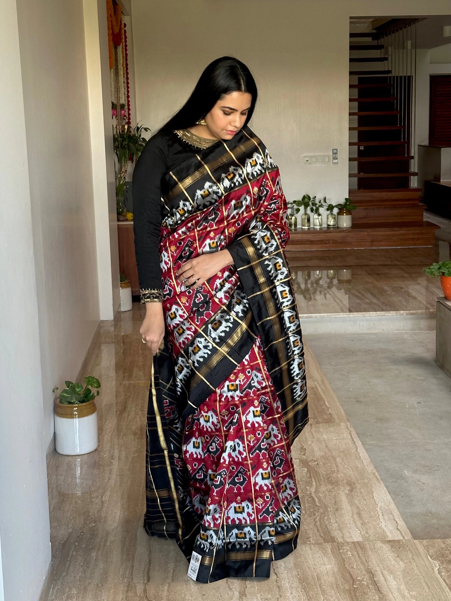 Maroon-Black Patola Pure Silk Saree