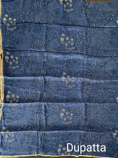 Beige-Blue Block Printed Fancy Cotton  Suit